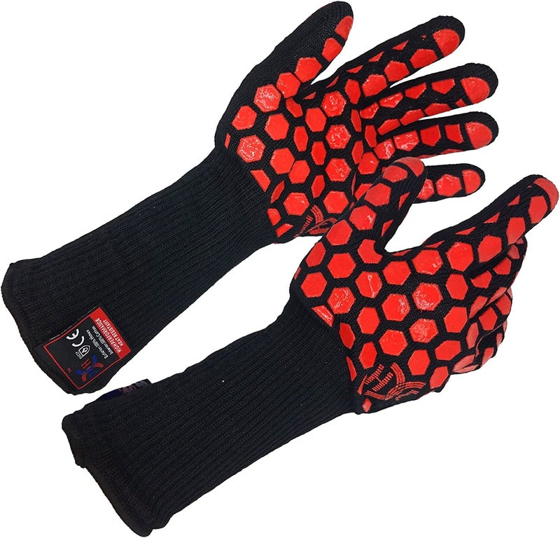 JH J H Heat Resistant Oven Glove:EN407 Certified 932 Â°F, 2 Layers Silicone Coating, Oven Mitts for Cooking, Kitchen, Fireplace,Camping, Grilling (Black/Red, Extra Long Cuff) - Image 1